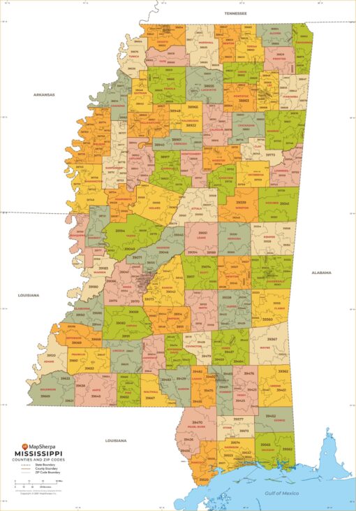 Mississippi ZIP Code Map with Counties  by MapSherpa