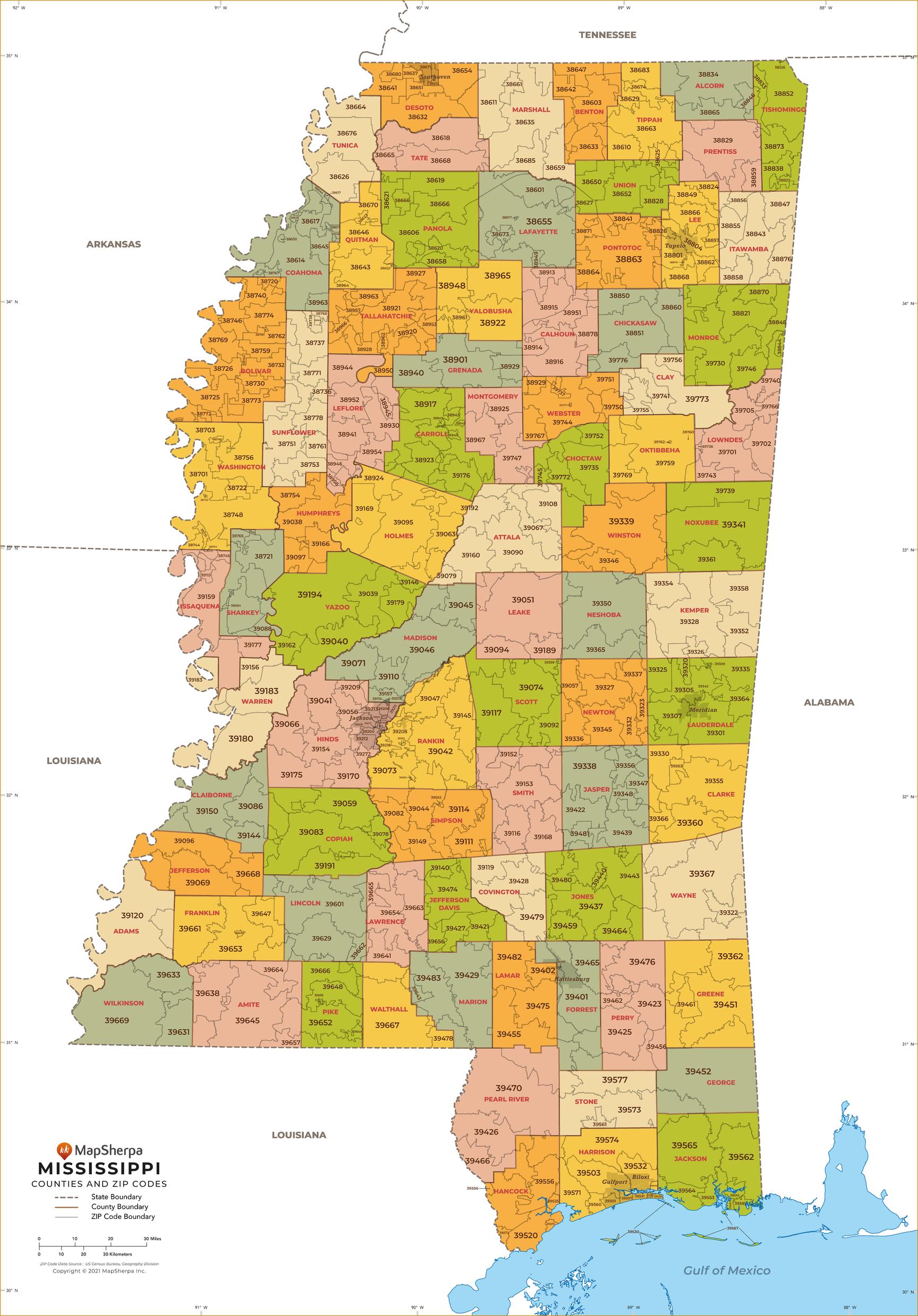 Mississippi ZIP Code Map with Counties by MapSherpa - The Map Shop