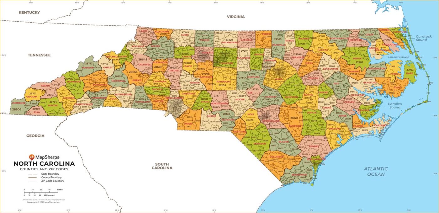 North Carolina ZIP Code Map with Counties by MapSherpa - The Map Shop