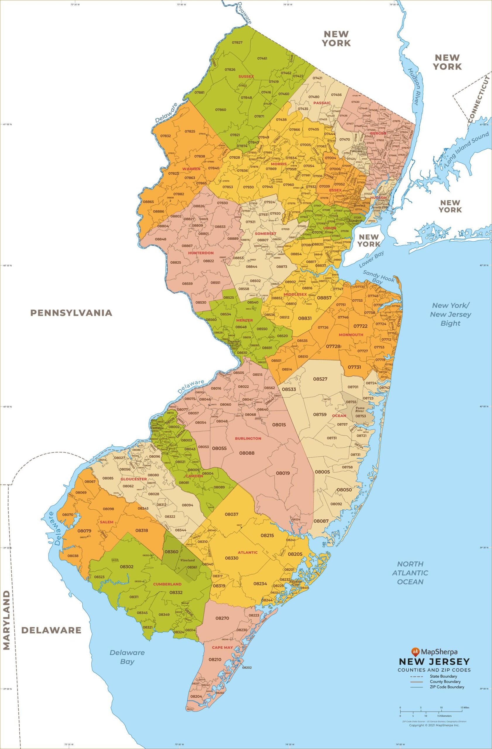 New Jersey ZIP Code Map with Counties by MapSherpa - The Map Shop