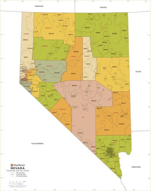 Nevada ZIP Code Map with Counties  by MapSherpa