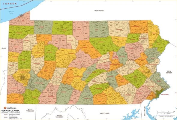 Pennsylvania ZIP Code Map with Counties by MapSherpa - The Map Shop