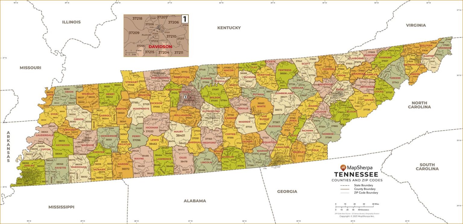 Tennessee Zip Code Map With Counties By Mapsherpa The Map Shop 7550