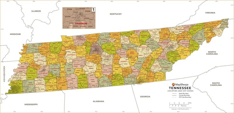 Tennessee ZIP Code Map with Counties by MapSherpa - The Map Shop