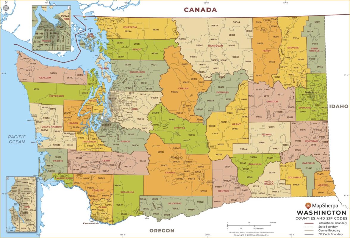 Washington ZIP Code Map with Counties by MapSherpa - The Map Shop