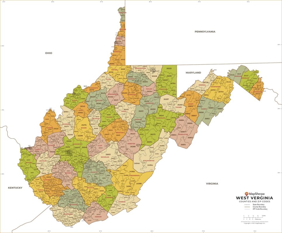 West Virginia ZIP Code Map with Counties by MapSherpa - The Map Shop
