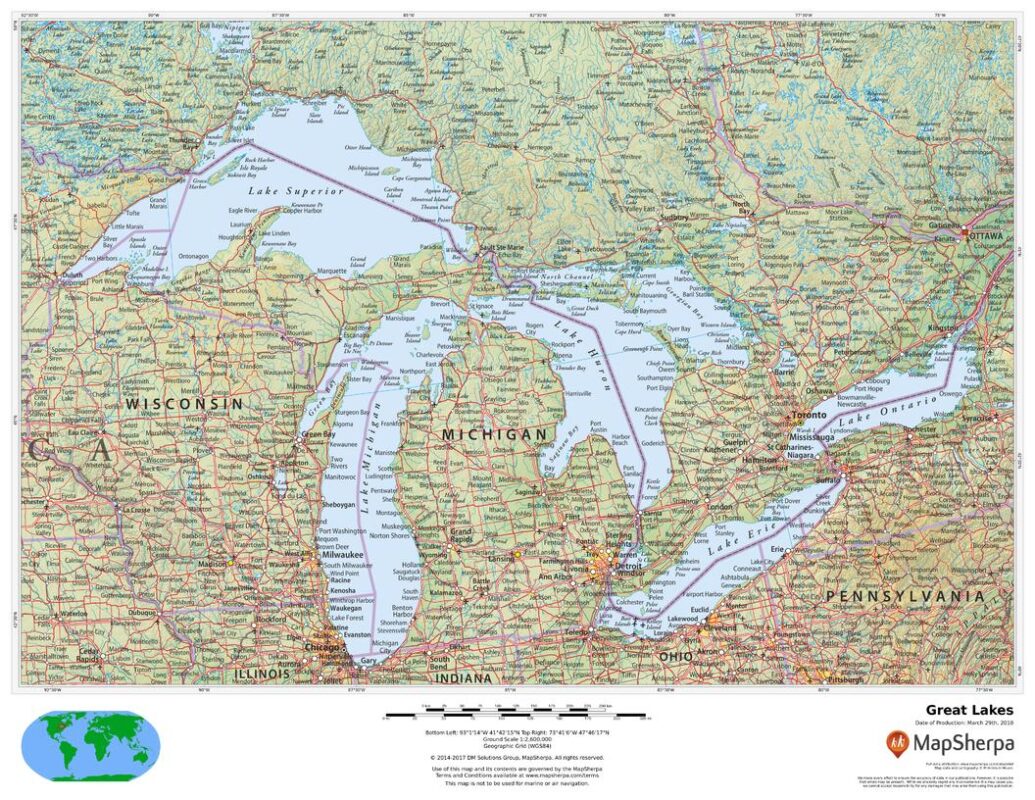 Great Lakes Wall Map by MapSherpa - The Map Shop