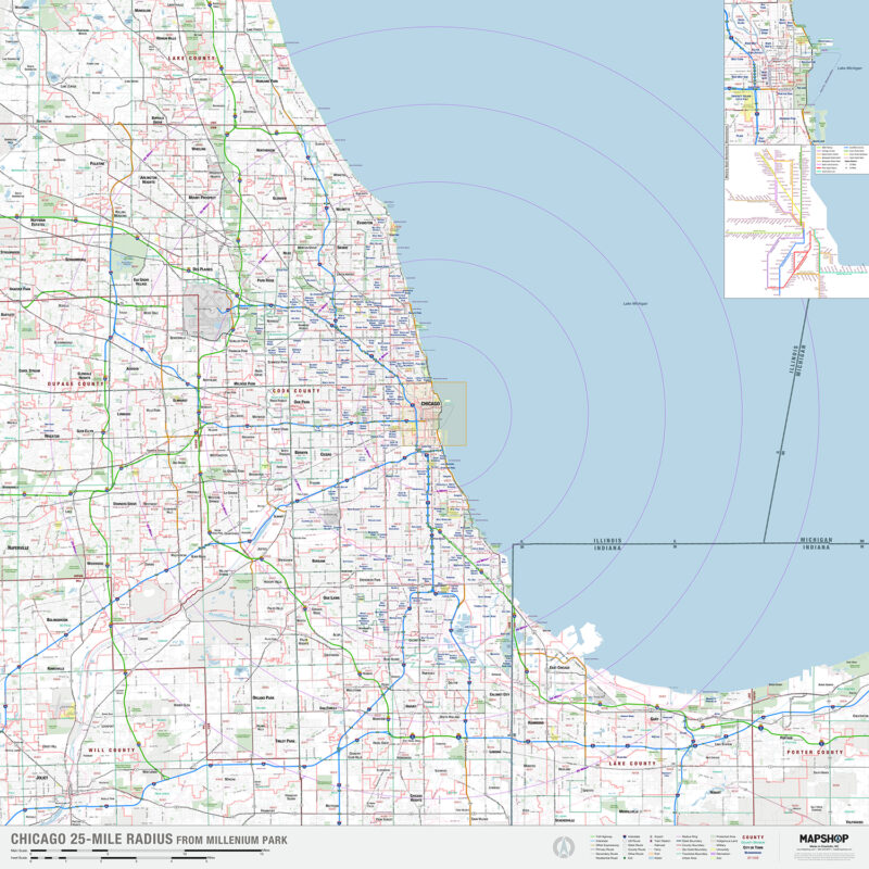 Chicago, Il 25-mile Radius Wall Map By Mapshop - The Map Shop