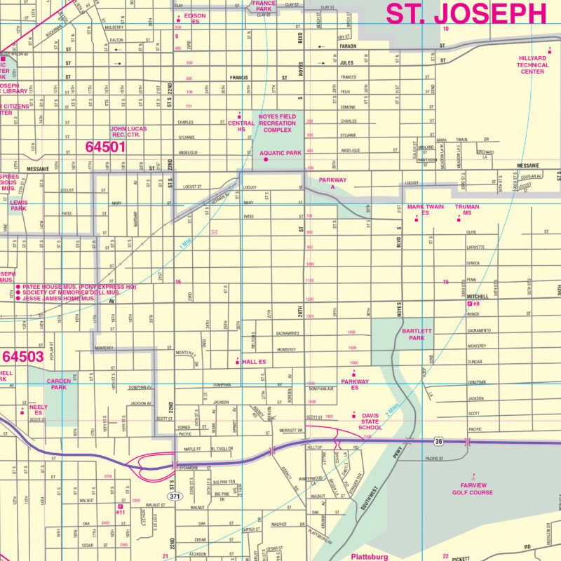 St Joseph, MO Wall Map by Kappa - The Map Shop