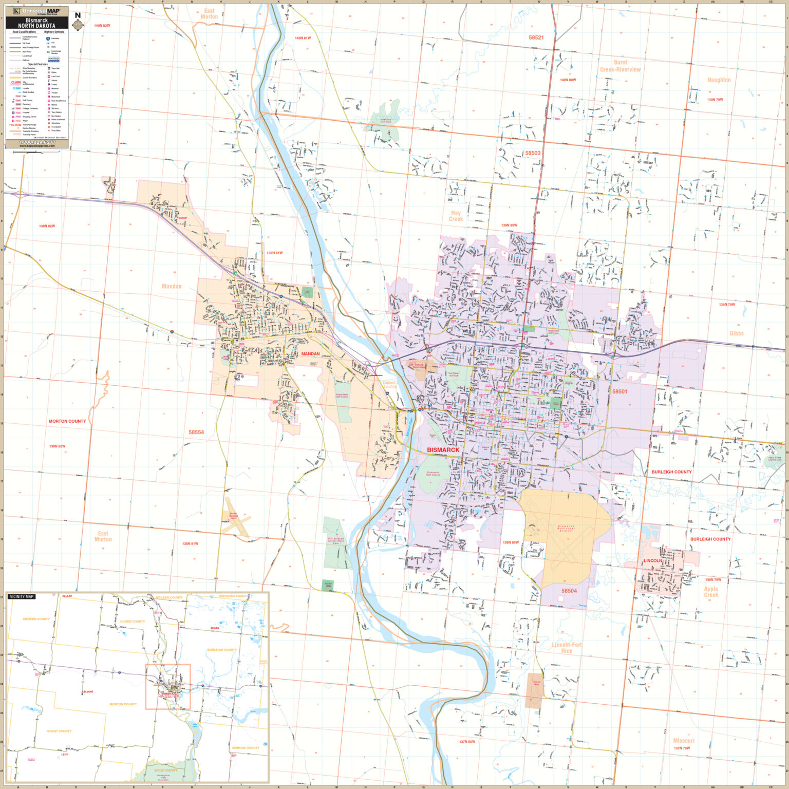 Bismarck & Mandan, ND Wall Map by Kappa - The Map Shop