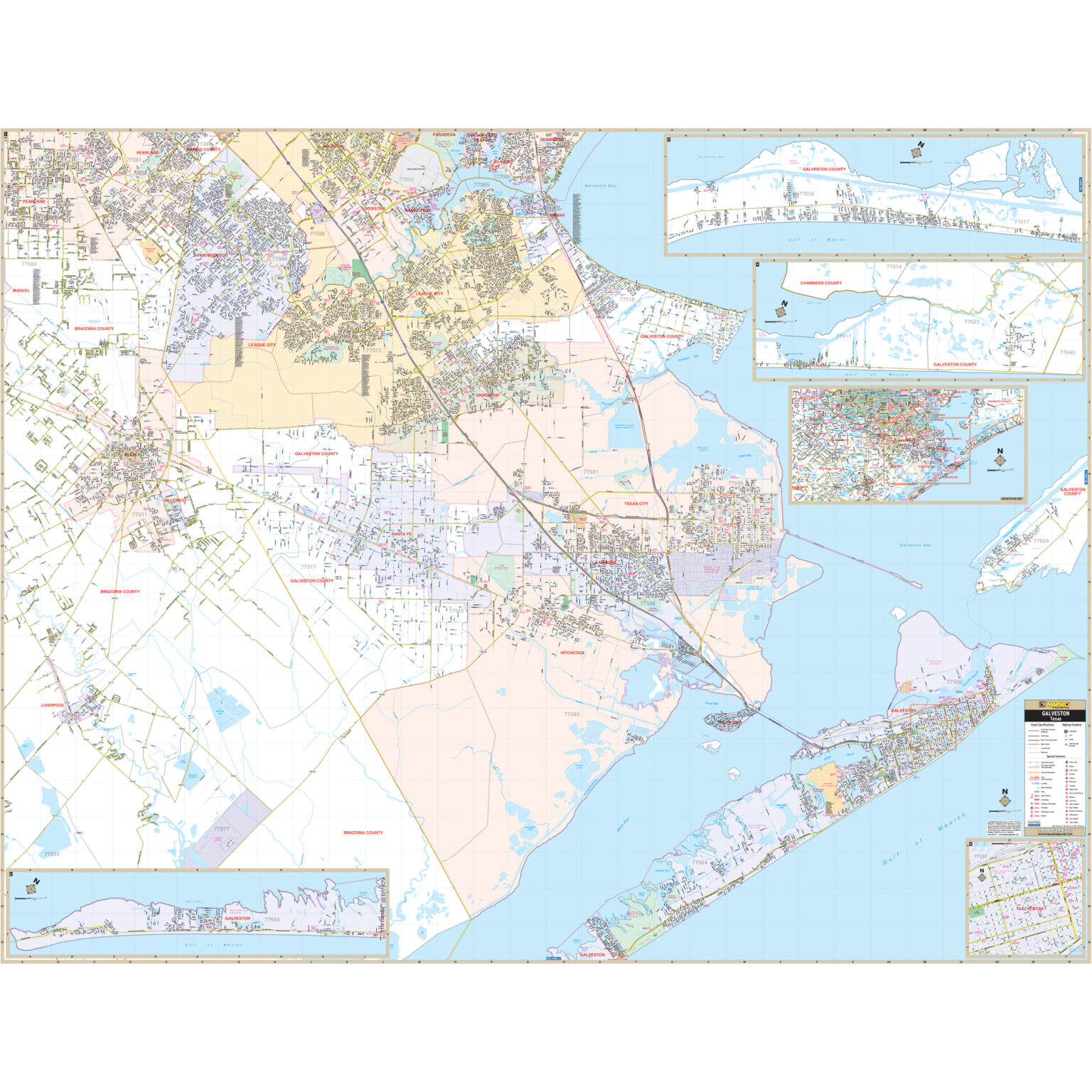 Galveston, TX Wall Map by Kappa - The Map Shop