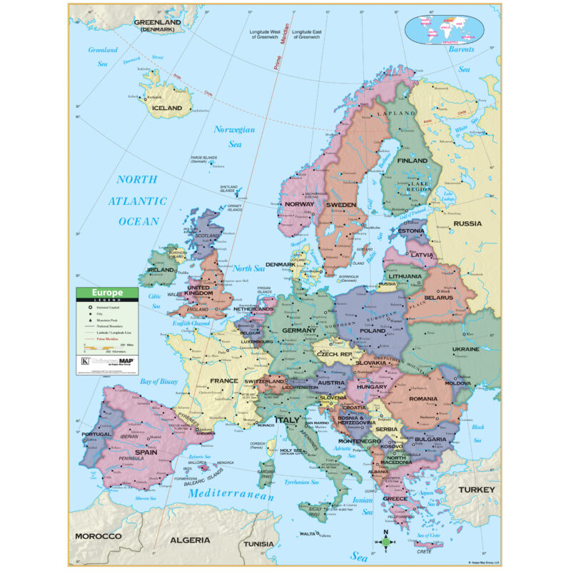 Europe Primary Wall Map by Kappa - The Map Shop