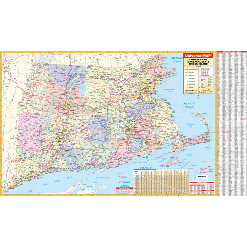 Connecticut, Rhode Island & Massachusetts Regional Wall Map By Kappa 