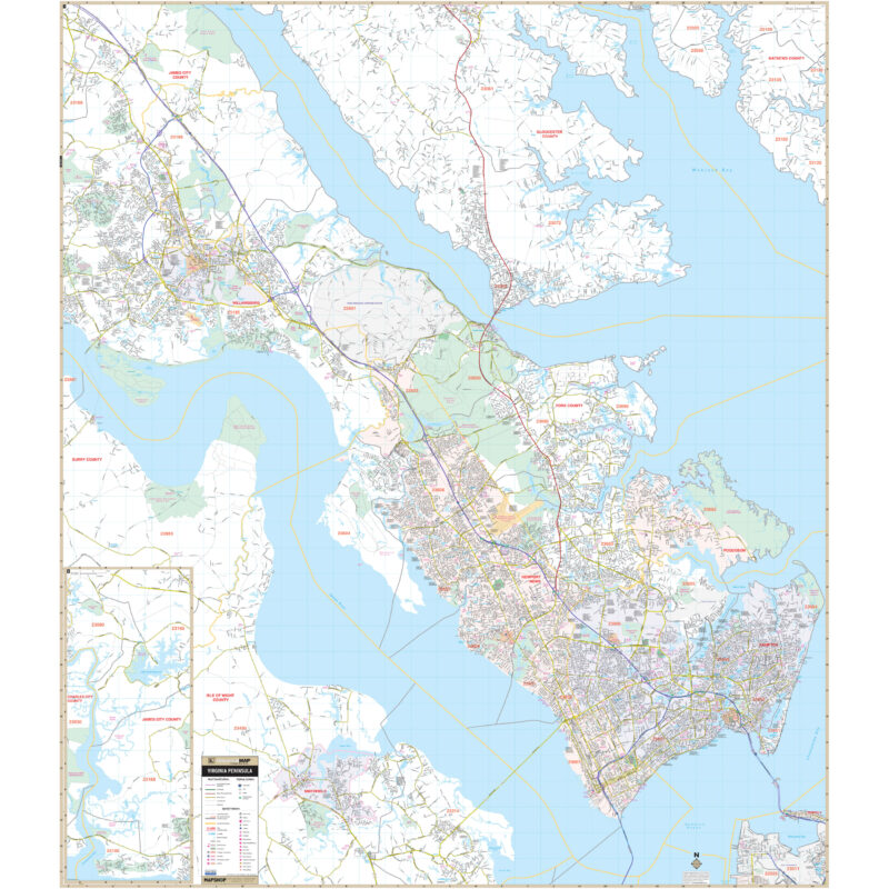 Virginia Peninsula Regional Wall Map by Kappa - The Map Shop