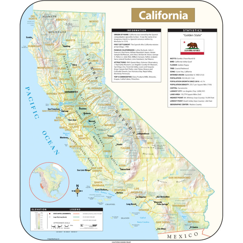 California Shaded Relief State Wall Map by Kappa - The Map Shop