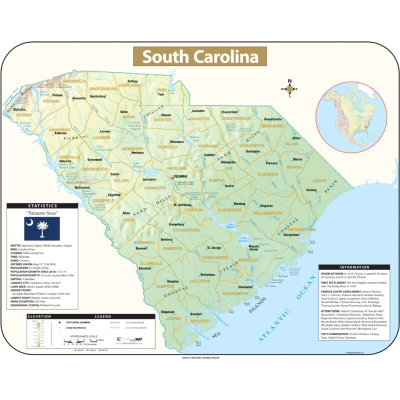 South Carolina Shaded Relief State Wall Map by Kappa - The Map Shop