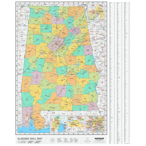 Alabama Wall Map w/Multi-Color Counties by MapShop